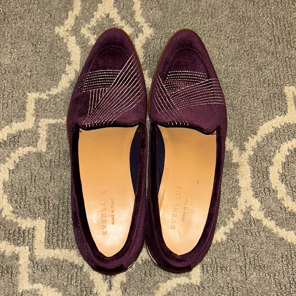Everlane purple burgundy velvet stitches pointed toe loafer